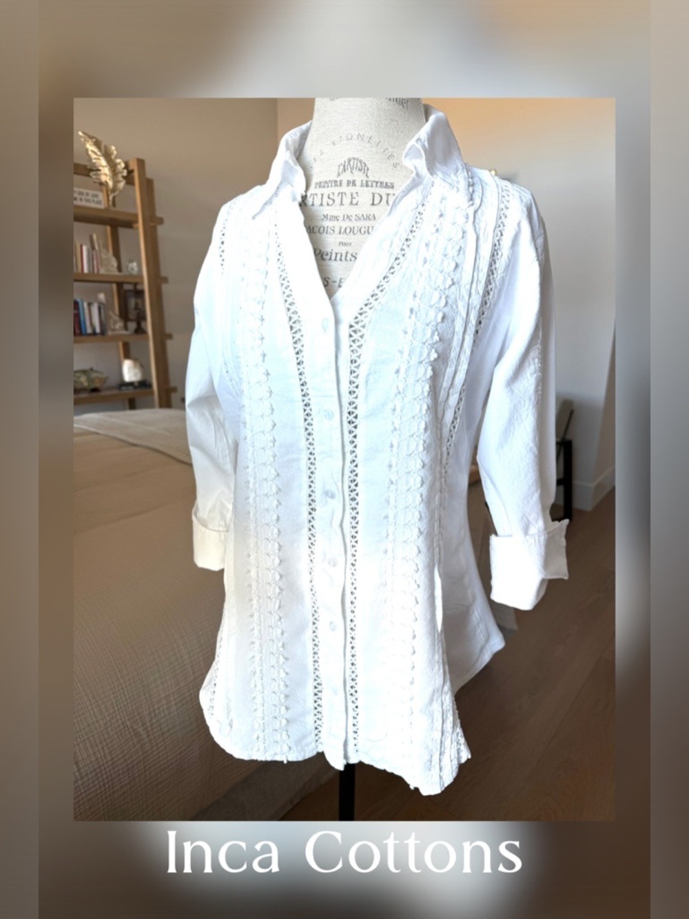 BRSND NEW From Peru. White Embroidered Button-Down Women's Shirt by Inca Cotton